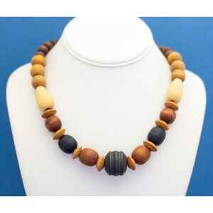 24 inch, Vintage Beaded Brown Black Wooden Unique Necklace D12